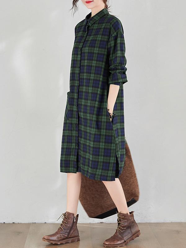 Original Plaid Lapel Shirt Dress-Midi Dress-Free Shipping at meselling99