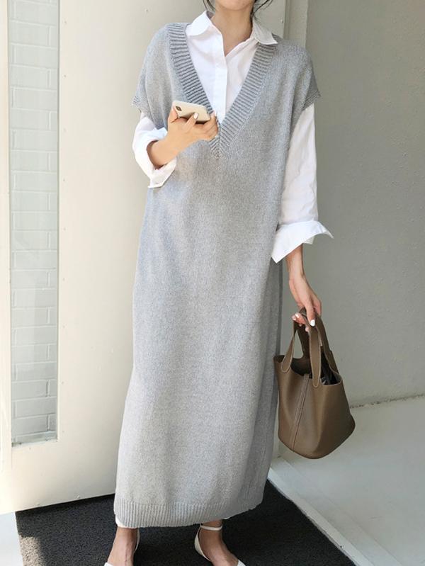 Meselling99 Knitting Loose V-Neck Sleeveless Long Dress-Maxi Dress-GRAY-FREE SIZE-Free Shipping at meselling99