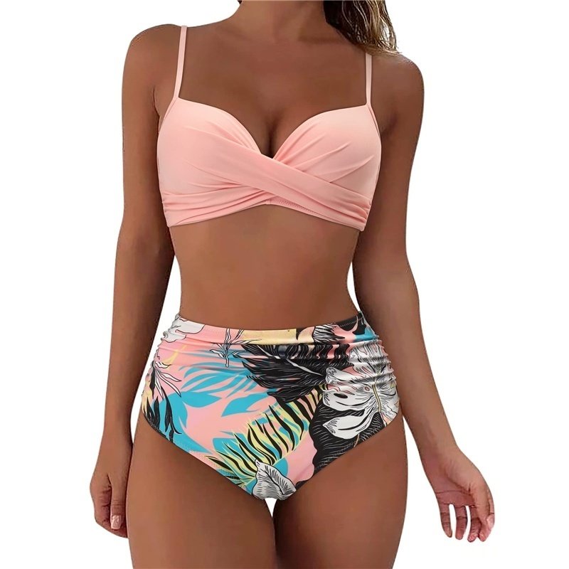 Cross-Back Bikini High-Waist Swimsuit Solid Color