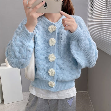 Women's Sweet Short Knit Top – Long Sleeve Floral Embroidered Cardigan Sweater