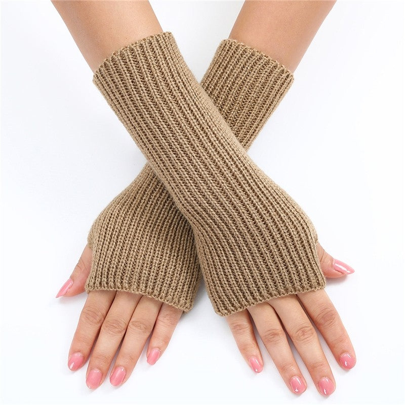 Solid Color Fine Striped Knitted Fingerless Wrist Warmers