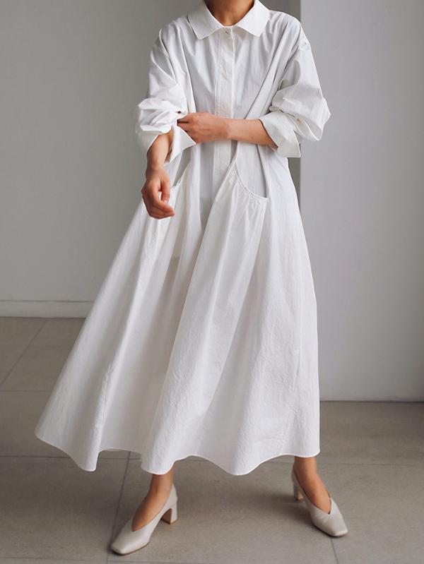 Meselling99 Urban White Lapel Long Shirt Dress-Maxi Dress-Free Shipping at meselling99