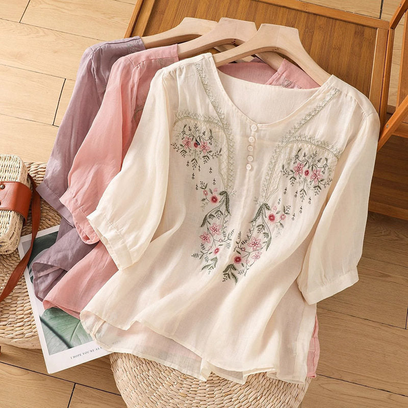 Embroidered Loose Short Sleeve Top