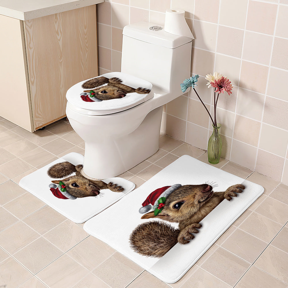 3D Animal Print Shower Curtain Bathroom Rug Set Bath Mat Non-Slip Toilet Lid Cover