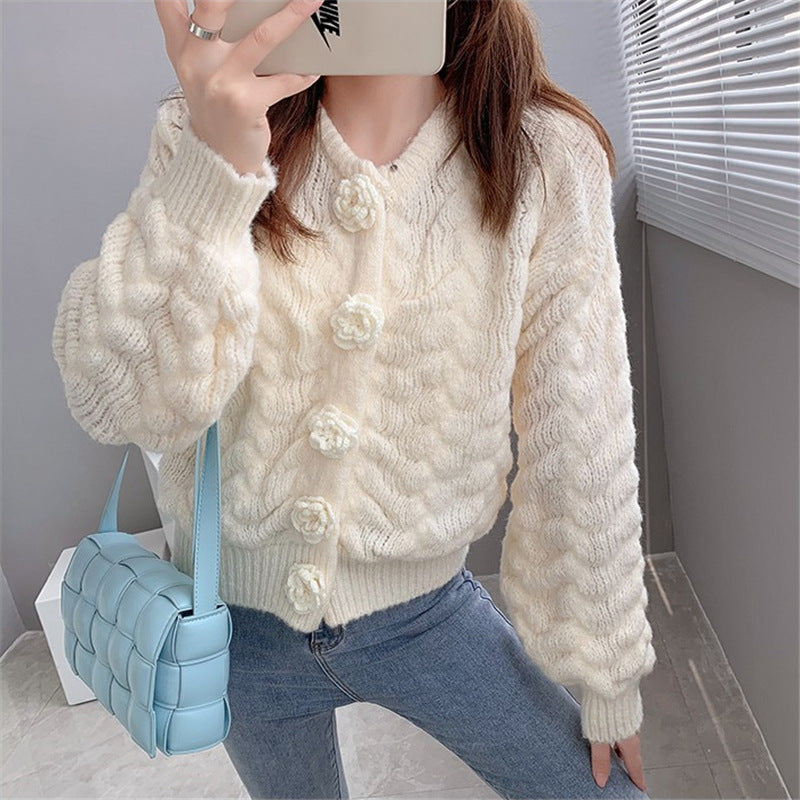Women's Sweet Short Knit Top – Long Sleeve Floral Embroidered Cardigan Sweater