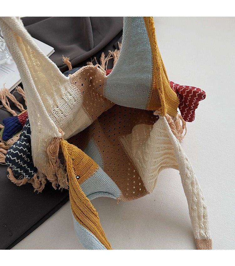 Patchwork Knit Shoulder Bag with Checkered Design