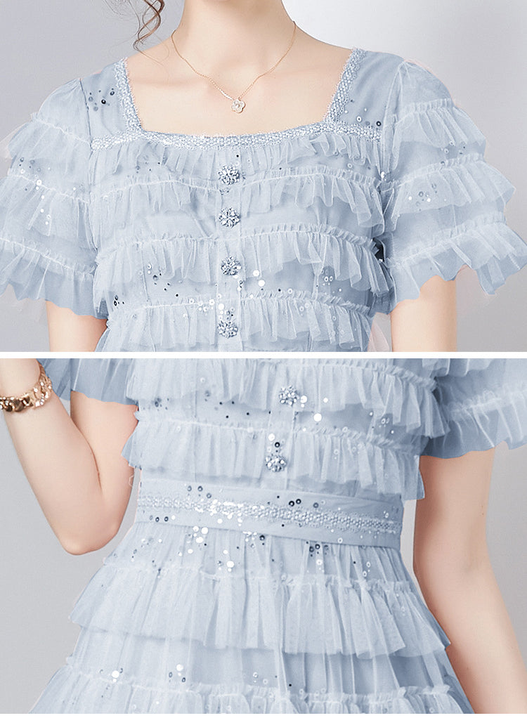 Luxury Square Neckline Net Sequined Long Party Dresses