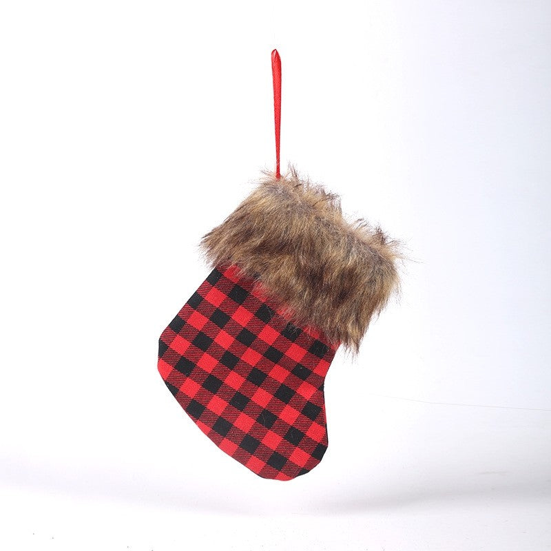 Contrast Color Plaid Plush Small Christmas Sock Gift Bag