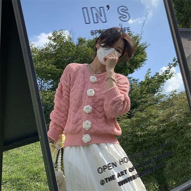 Women's Sweet Short Knit Top – Long Sleeve Floral Embroidered Cardigan Sweater