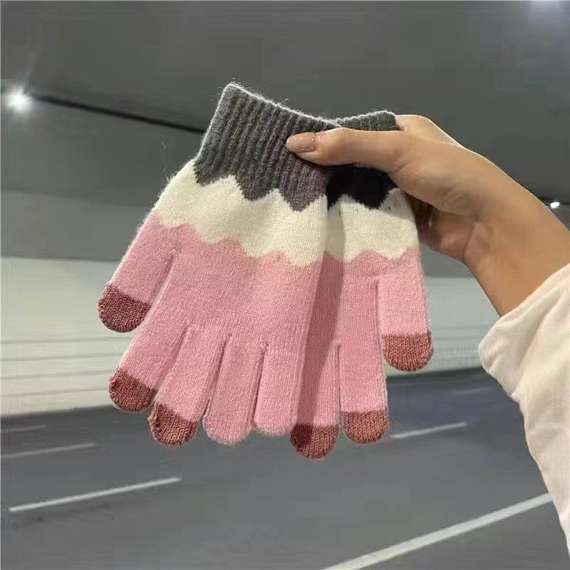Cute Touch Screen Contrast Color Thick Knitted Five-Finger Gloves