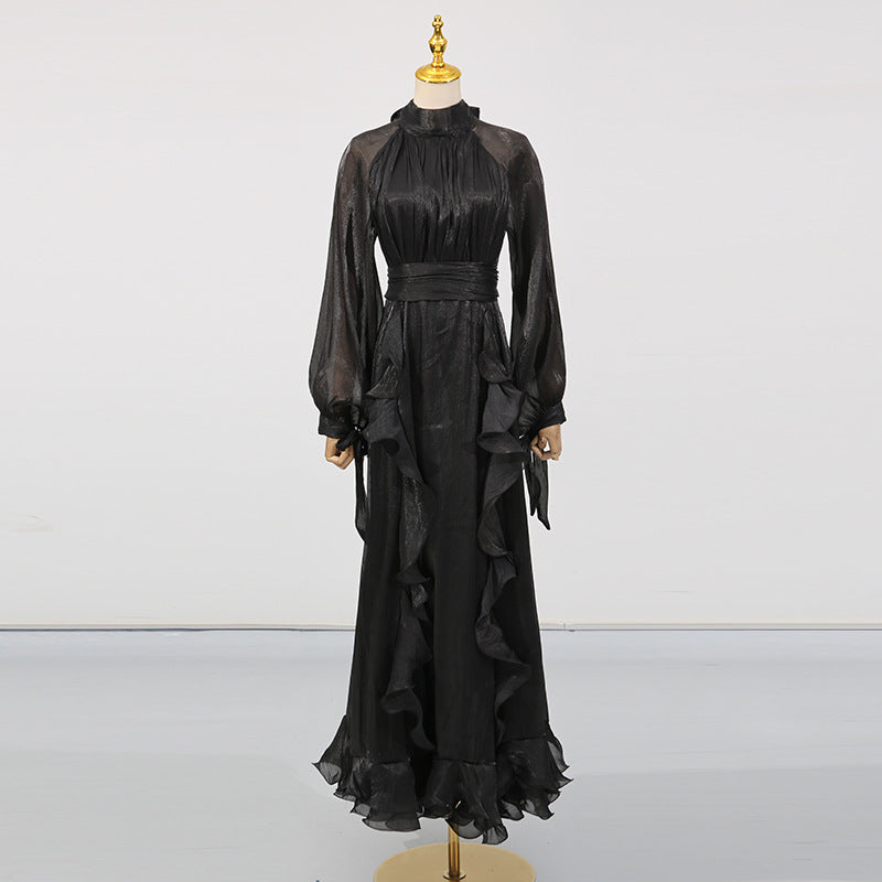 Summer Stand Collar Lantern Sleeve Ruffled Waist Dress for Women