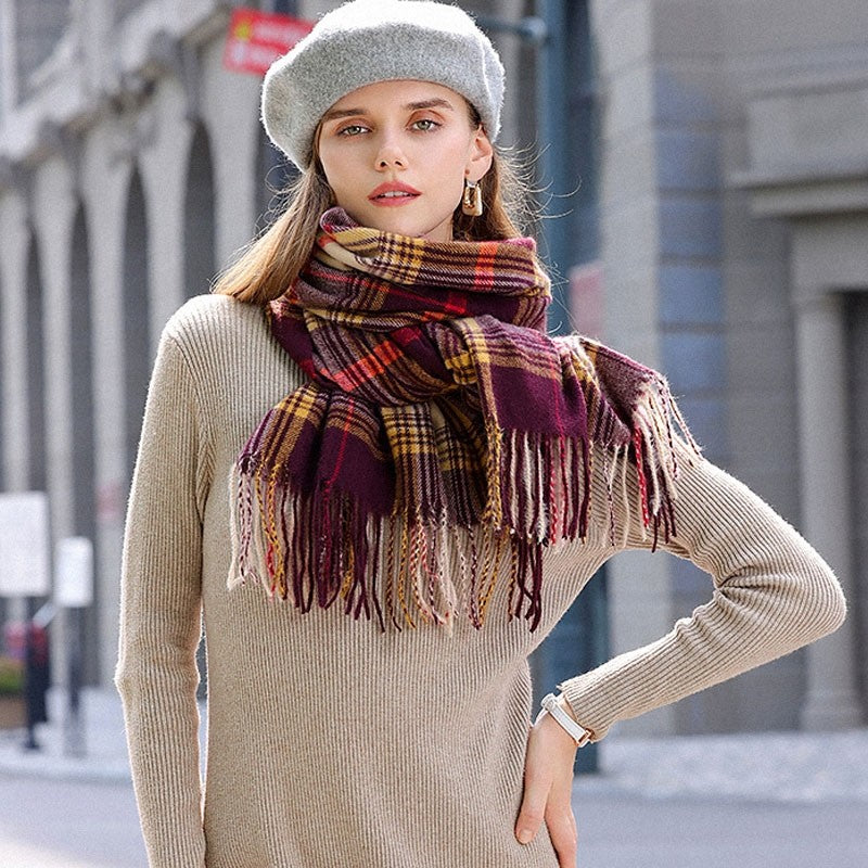 Contrast Color Plaid Tassel Imitation Cashmere Scarf