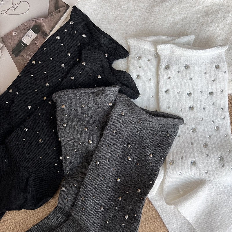 Solid Color Beaded Mid-Calf Pile Socks