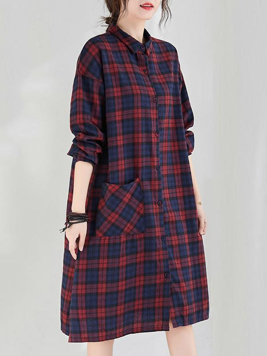 Original Plaid Lapel Shirt Dress-Midi Dress-RED PLAID-M-Free Shipping at meselling99