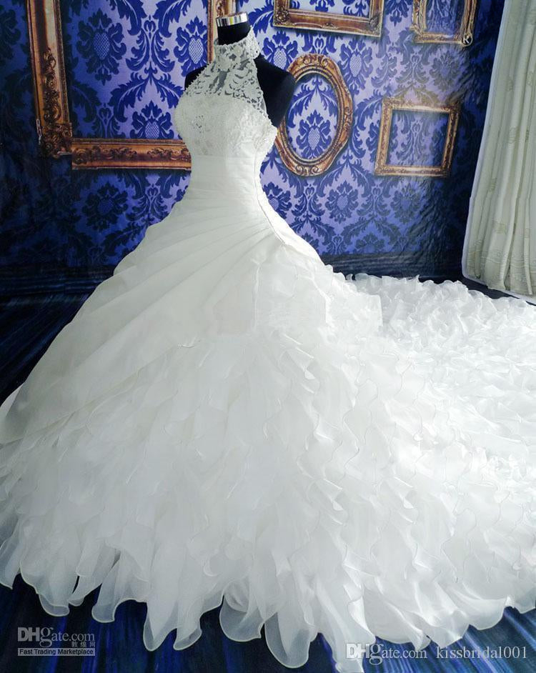 luxury high neck long trail wedding dresses