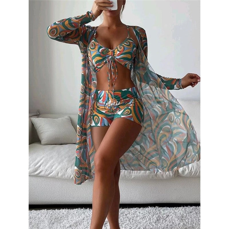 High Waist Long Sleeve Bikini Set With Cover Up And Drawstring Bottoms