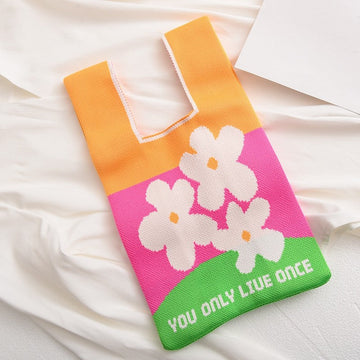 Contrast Color Cute Knitted Handbag Reusable Bag