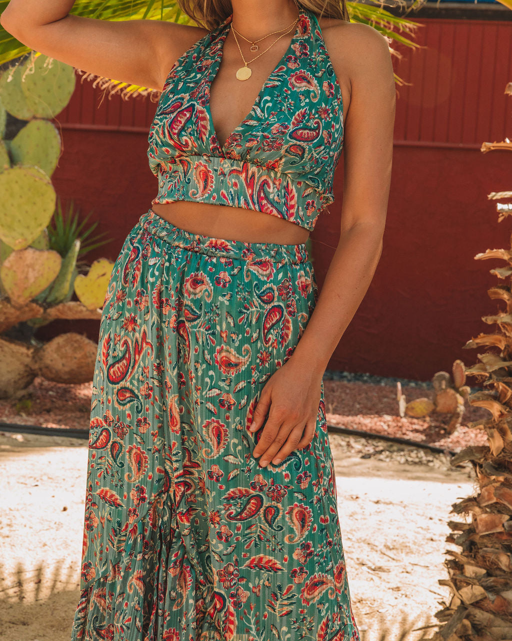 Salas Paisley Shimmer Halter Crop Top