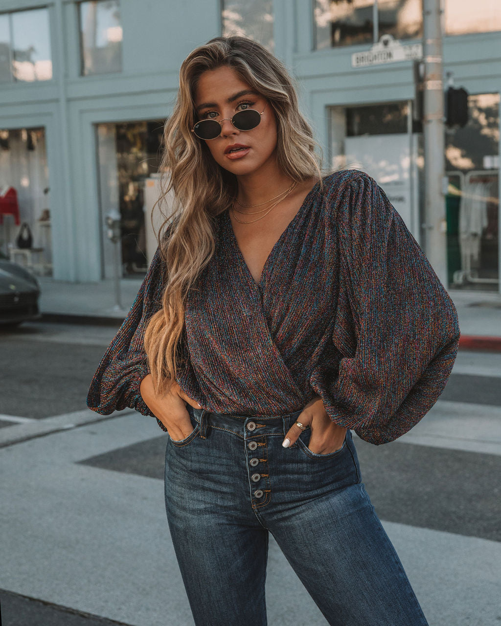 Shimmer And Sway Balloon Sleeve Drape Bodysuit