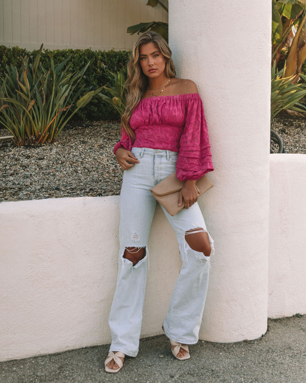 Nanette Textured Off The Shoulder Blouse - Magenta