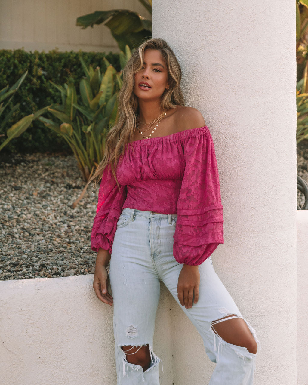 Nanette Textured Off The Shoulder Blouse - Magenta