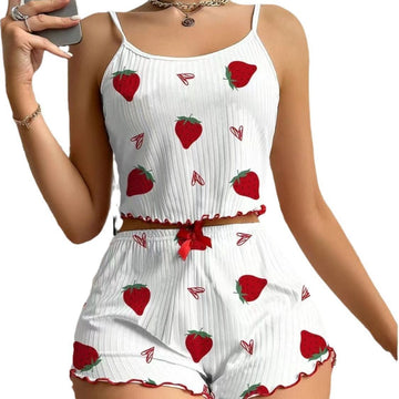Summer Women's Pajama Set: Ribbed Heart Print Tank Top And Shorts