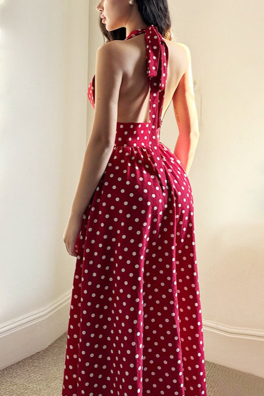 Red Polka Dot V-Neck Halter Backless Maxi Dress