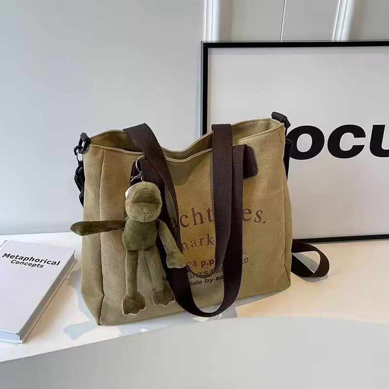 Letter Print Canvas Bag With Pendant