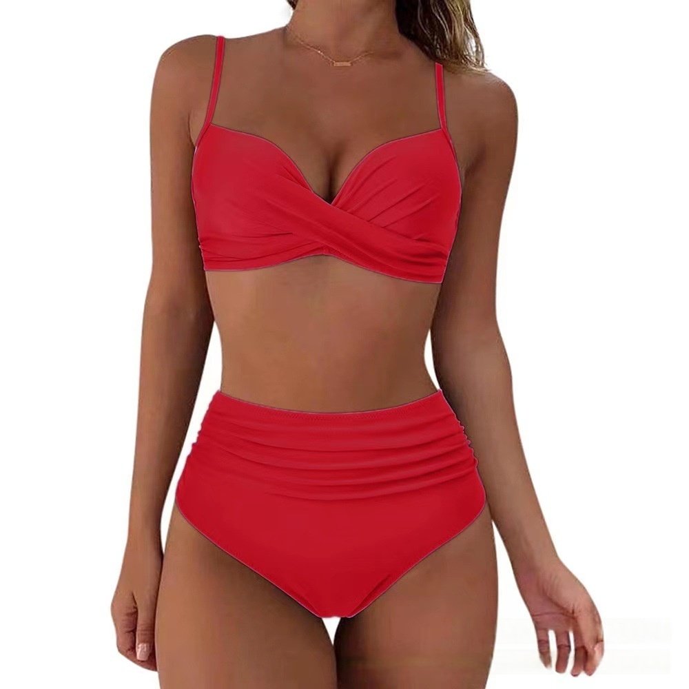 Cross-Back Bikini High-Waist Swimsuit Solid Color