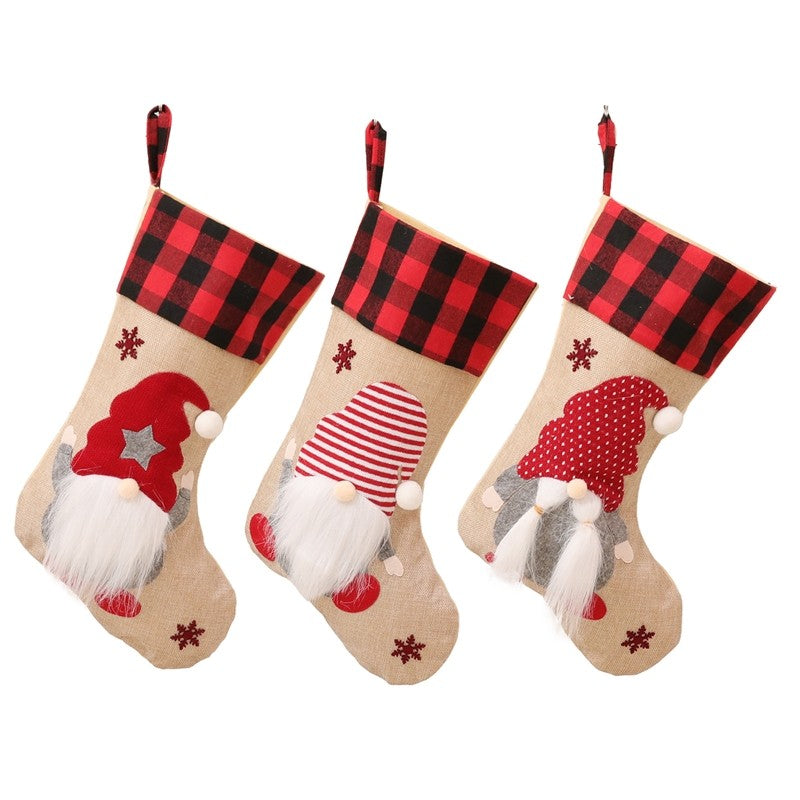 Linen Rudolph Plaid Sock Gift Bag Christmas Decoration