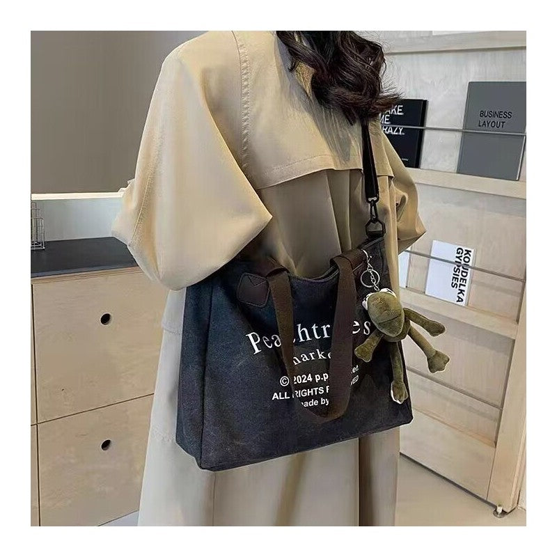 Letter Print Canvas Bag With Pendant