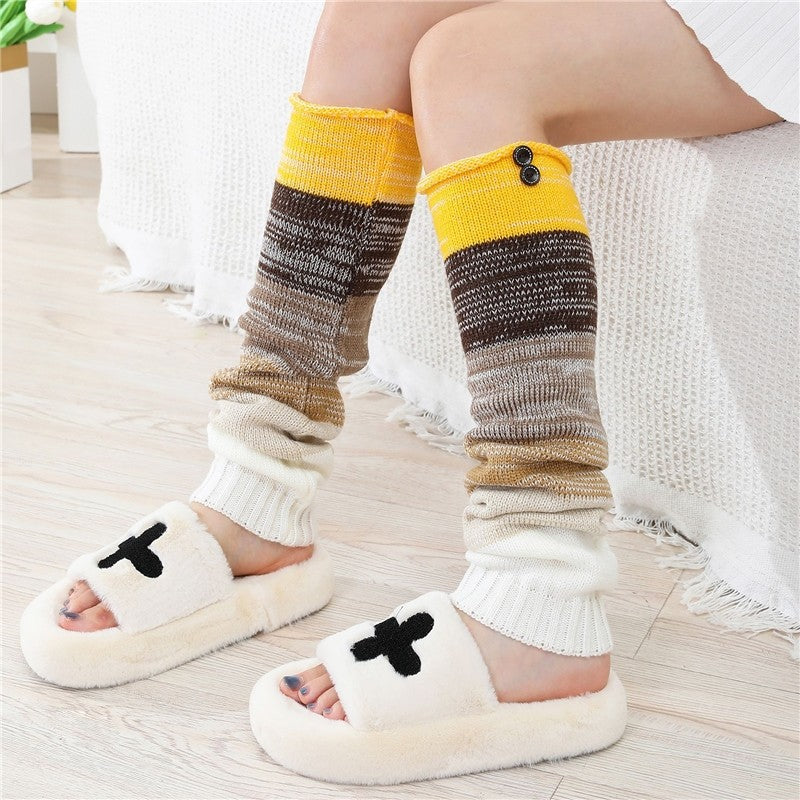 Knitted Over-The-Knee Socks With Striped Buttoned Cuffs