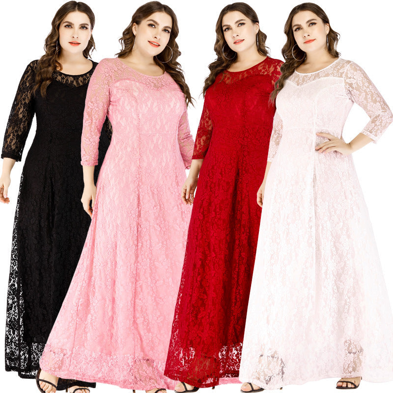Plus Sizes Lace Evening Party Dresses for Women-Dresses-Pink-XL-Free Shipping at meselling99
