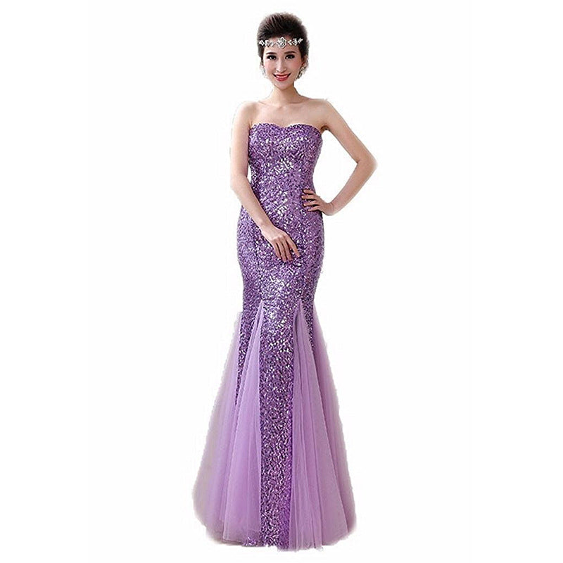 Mermaid Evening Gown – Strapless Backless Long Dress with Sequins & Tulle