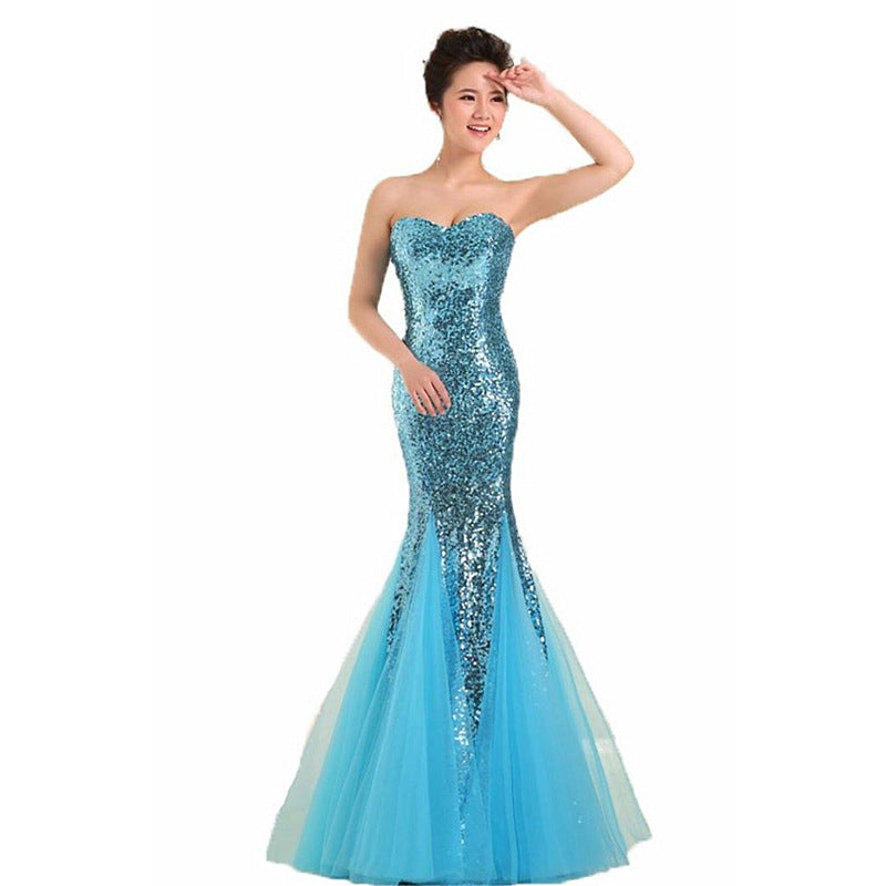 Mermaid Evening Gown – Strapless Backless Long Dress with Sequins & Tulle
