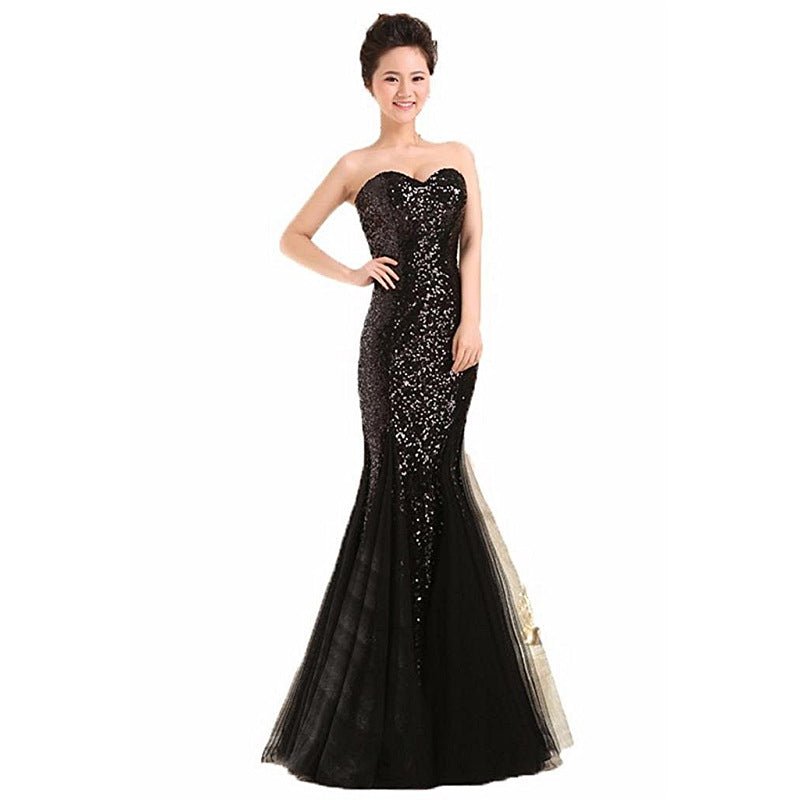 Mermaid Evening Gown – Strapless Backless Long Dress with Sequins & Tulle