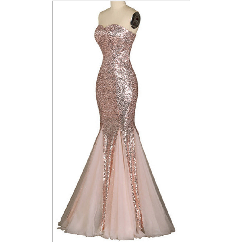 Mermaid Evening Gown – Strapless Backless Long Dress with Sequins & Tulle