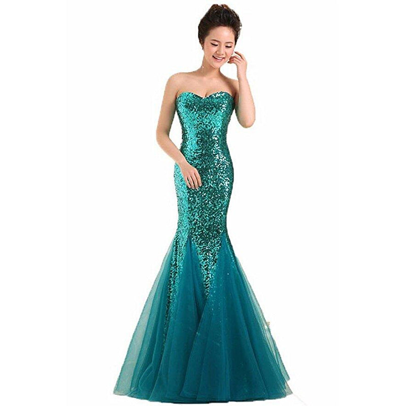 Mermaid Evening Gown – Strapless Backless Long Dress with Sequins & Tulle