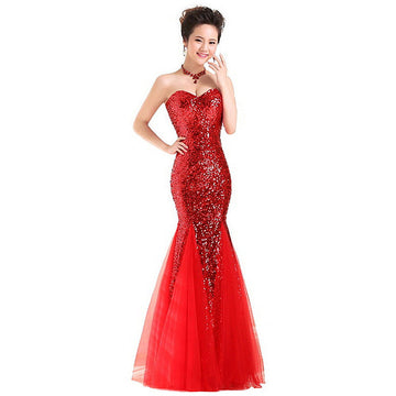 Mermaid Evening Gown – Strapless Backless Long Dress with Sequins & Tulle