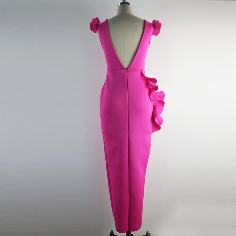 Rose Red Sexy Split Front Ruffled Bodycon Dresses-Sexy Dresses-Free Shipping at meselling99