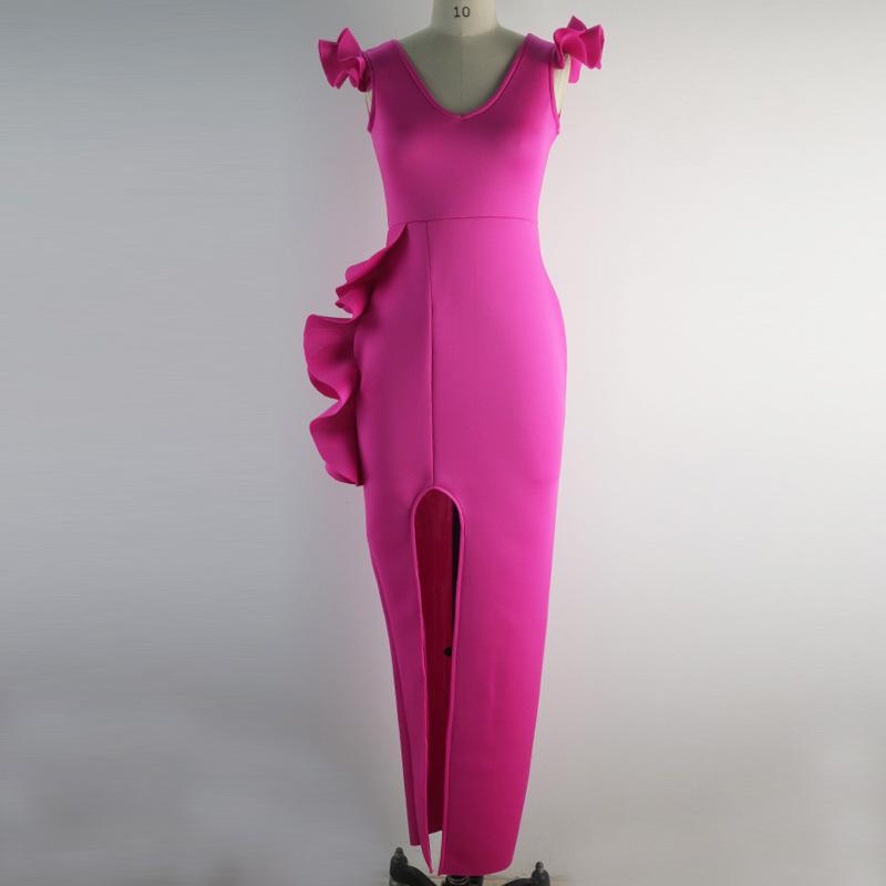 Rose Red Sexy Split Front Ruffled Bodycon Dresses-Sexy Dresses-Rose Red-S-Free Shipping at meselling99