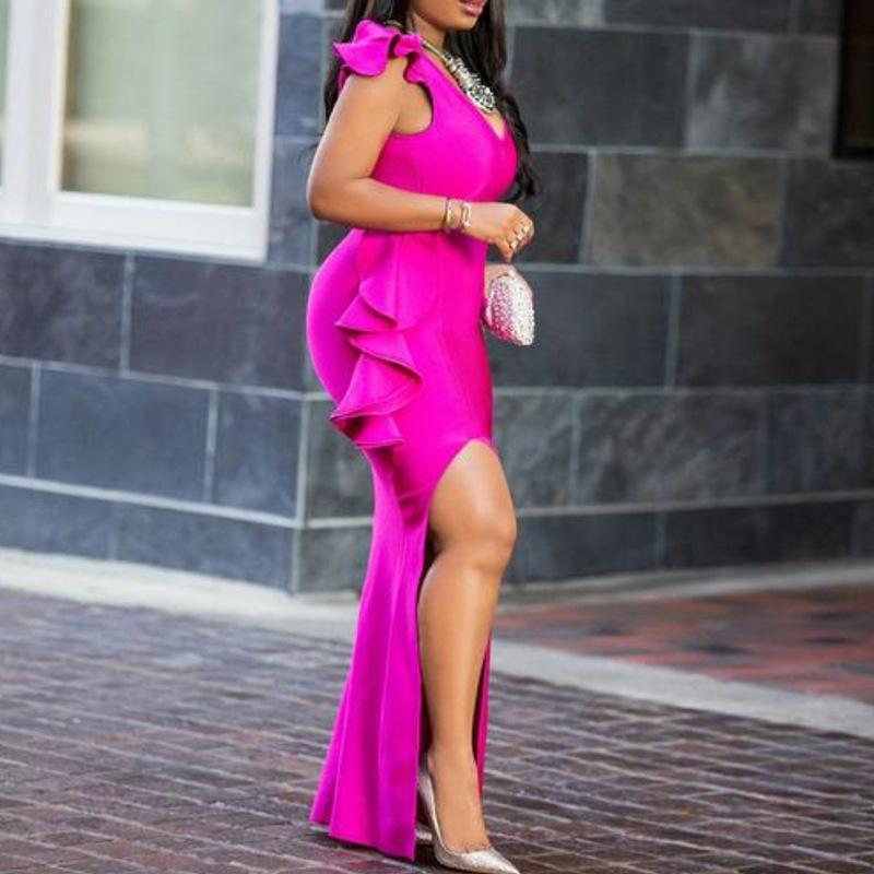 Rose Red Sexy Split Front Ruffled Bodycon Dresses-Sexy Dresses-Free Shipping at meselling99
