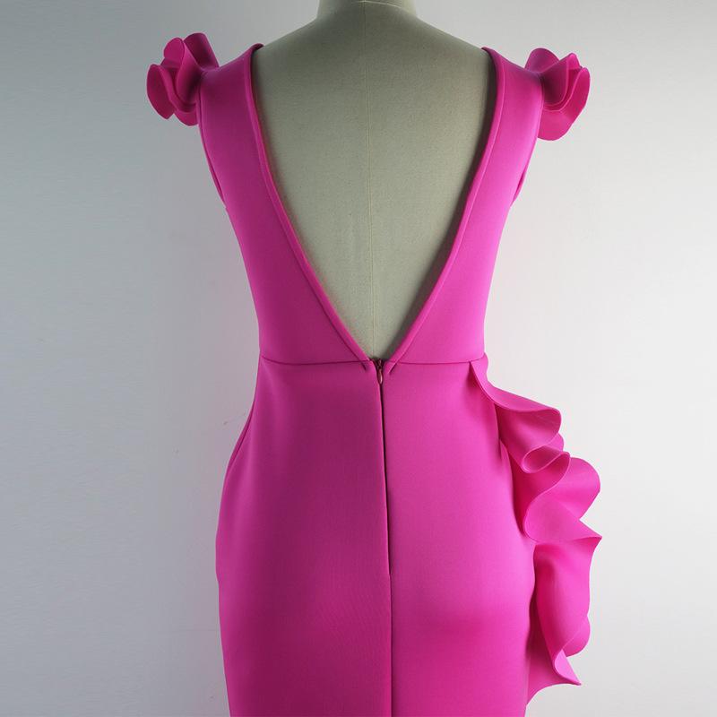 Rose Red Sexy Split Front Ruffled Bodycon Dresses-Sexy Dresses-Free Shipping at meselling99