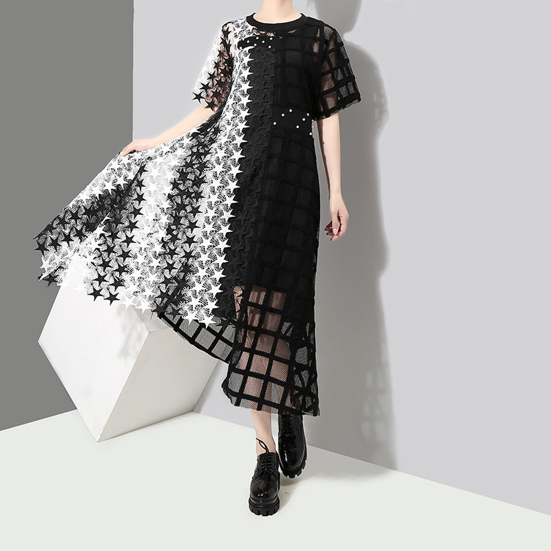 Summer Irregular Star Designed Women Long Midi Dresses-Dresses-Black and White-One Size-Free Shipping at meselling99