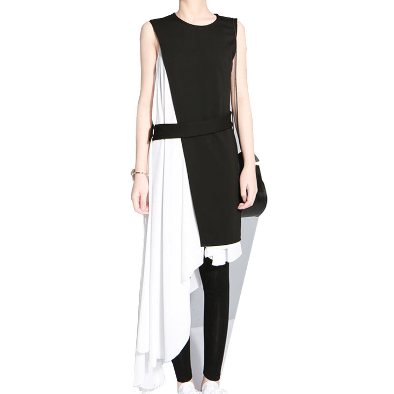 Black Whiter Irregular White Dress and Black Vest Set for Women-Dresses-Free Shipping at meselling99