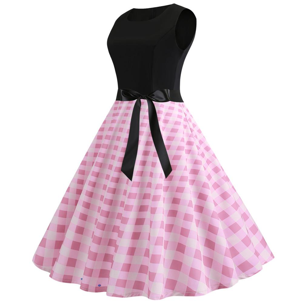 Plaid Print Sleeveless Belt Vintage Dresses-Vintage Dresses-Free Shipping at meselling99