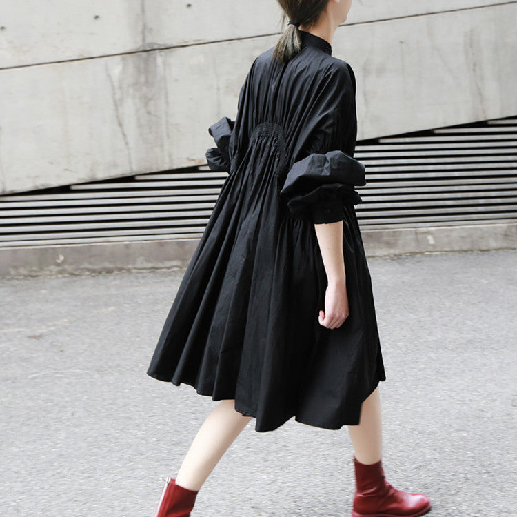 Fashion-Forward Asymmetrical Ruffle Lantern Sleeve Flared Shirt Dress