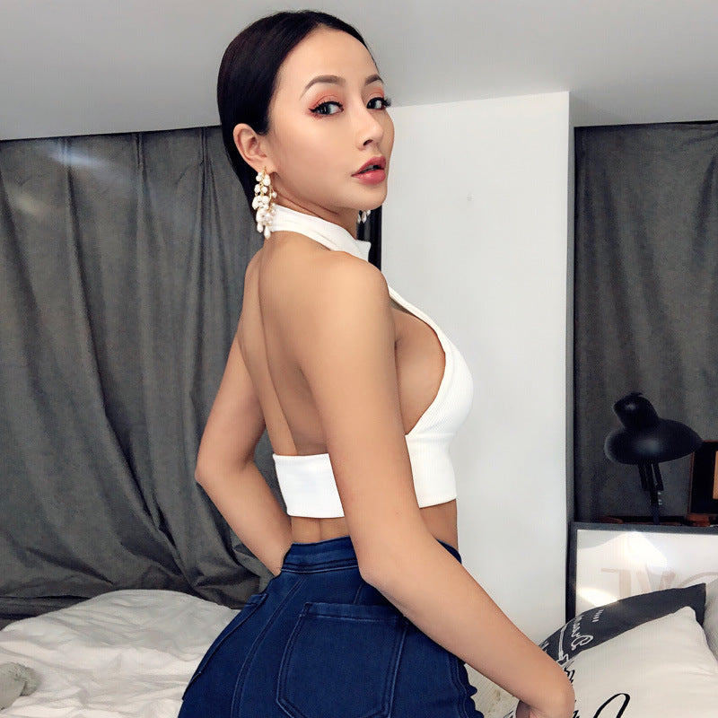 Sexy High Neck Backless Midriff Baring Knitting Tops