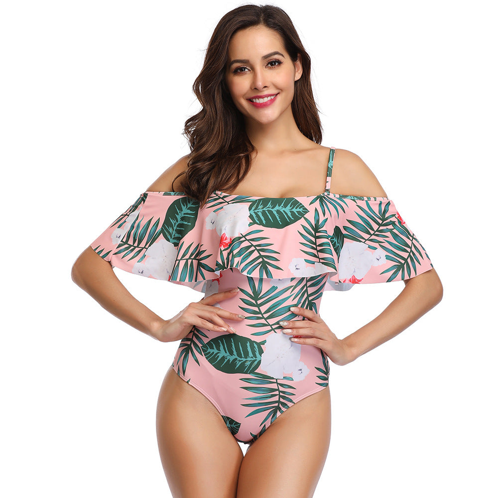 Sexy Off The Shoulder Floral Print One Piece Swimsuit for Women