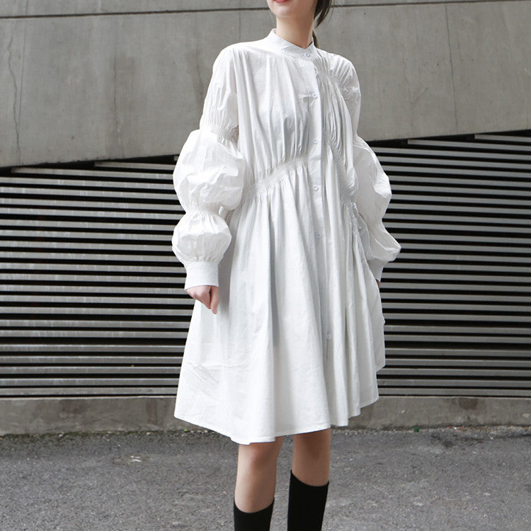 Fashion-Forward Asymmetrical Ruffle Lantern Sleeve Flared Shirt Dress